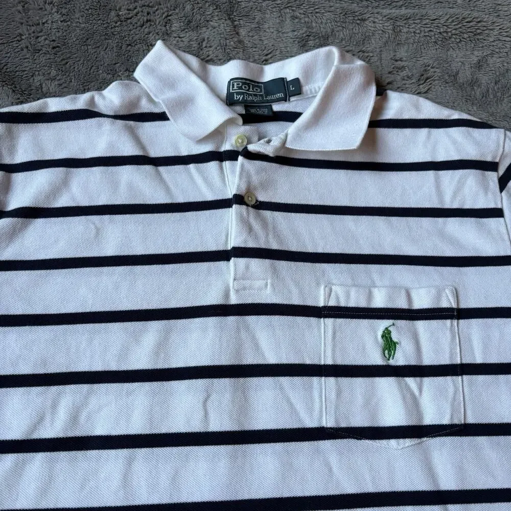 Polo Ralph Lauren Mens White w/Black Stripe Short Sleeve Pocket Size L Preppy